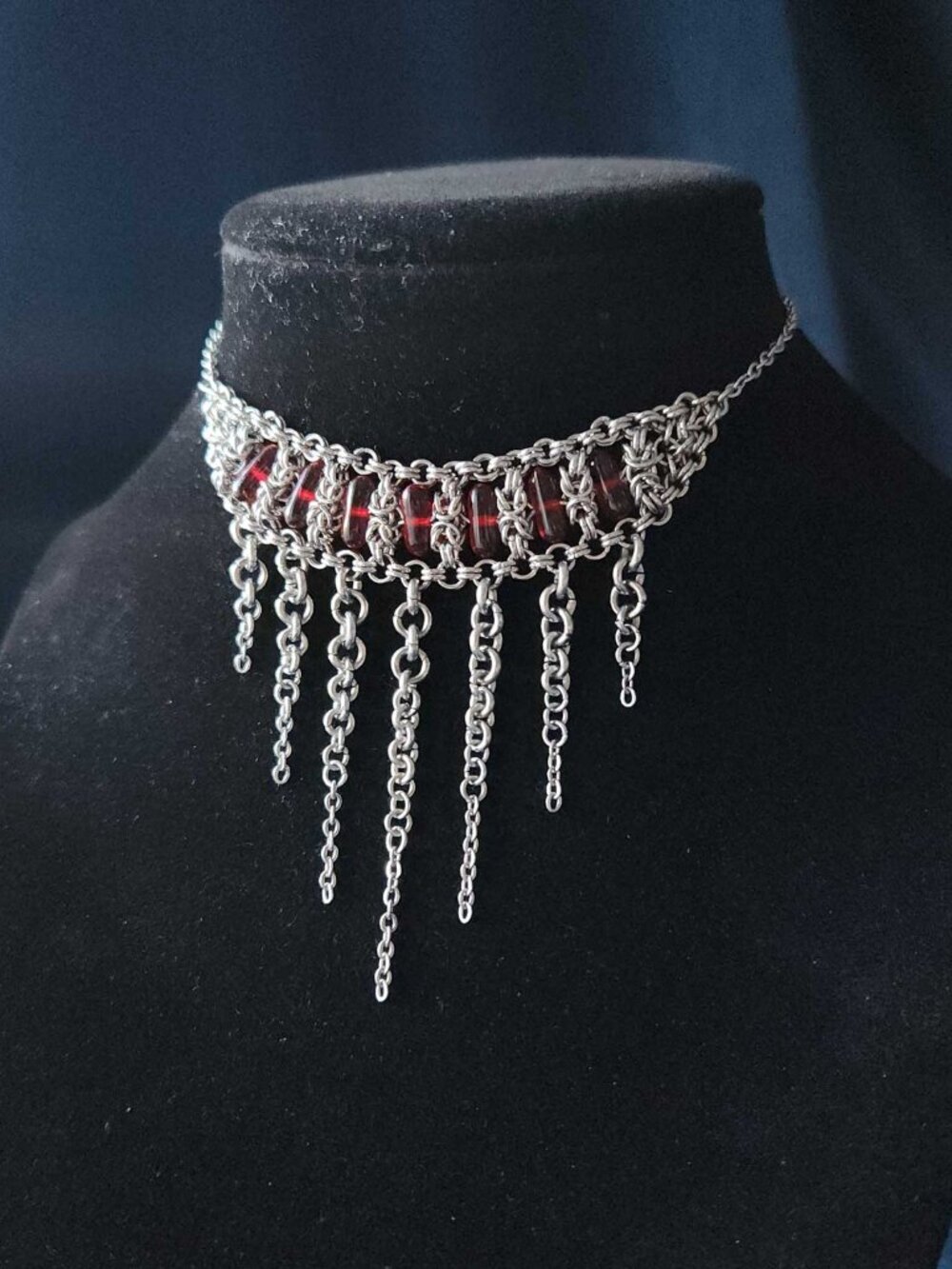 Gothic Art Deco style silver and red choker chandelier necklace